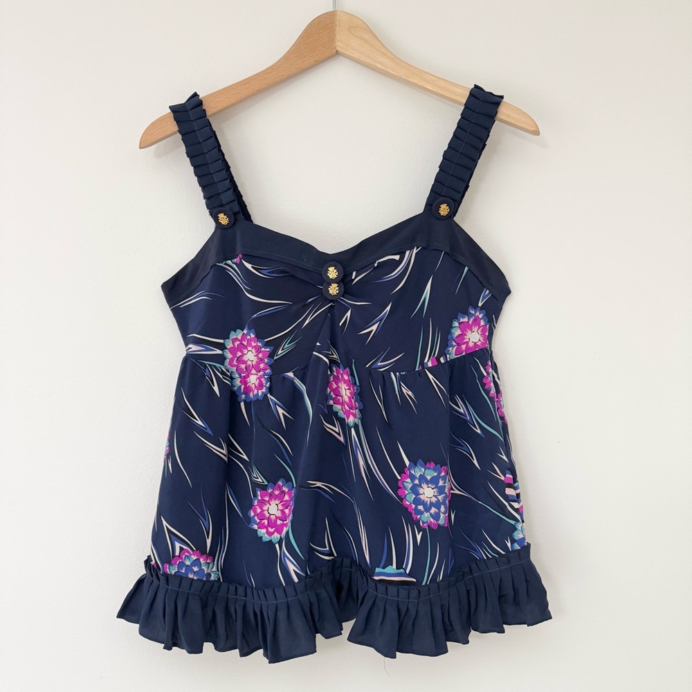 Yumi Kim Navy Y2K Babydoll Floral Silk Top Gold Buttons & Ruffle Hem, Sz S